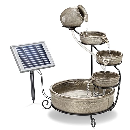 Solar Kaskadenbrunnen grau mit Akkuspeicher und LED Licht - großes 2 Watt Solarmodul - verschleißarme Pumpe - Springbrunnen W