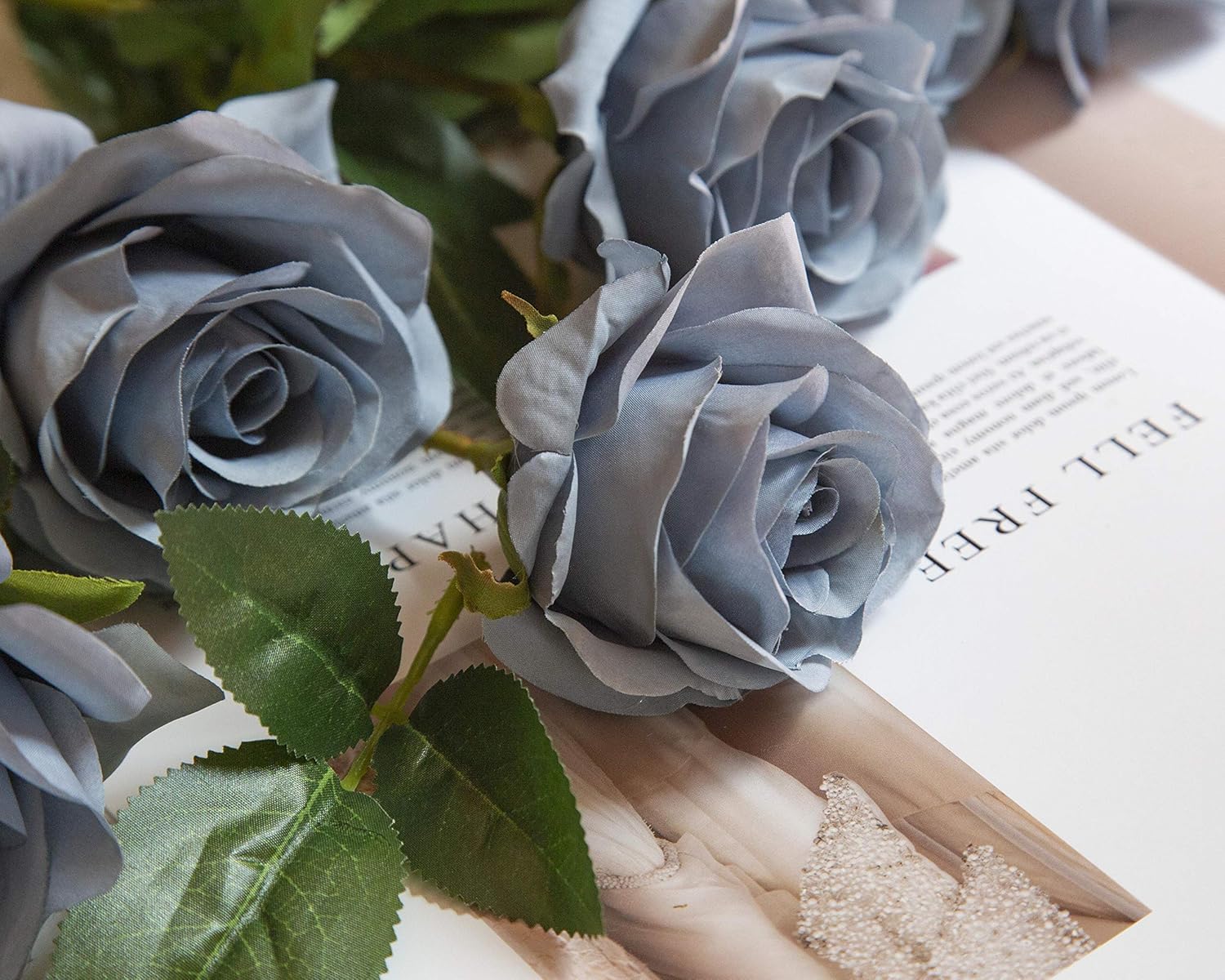DuHouse 10Pcs Artificial Roses Fake Silk Flowers Realistic Bridal Bouquets with Single Long Plastic Stems for Arrangement Wedding Table Centerpiece Party Home Decor(Dusty Blue) - Image 5