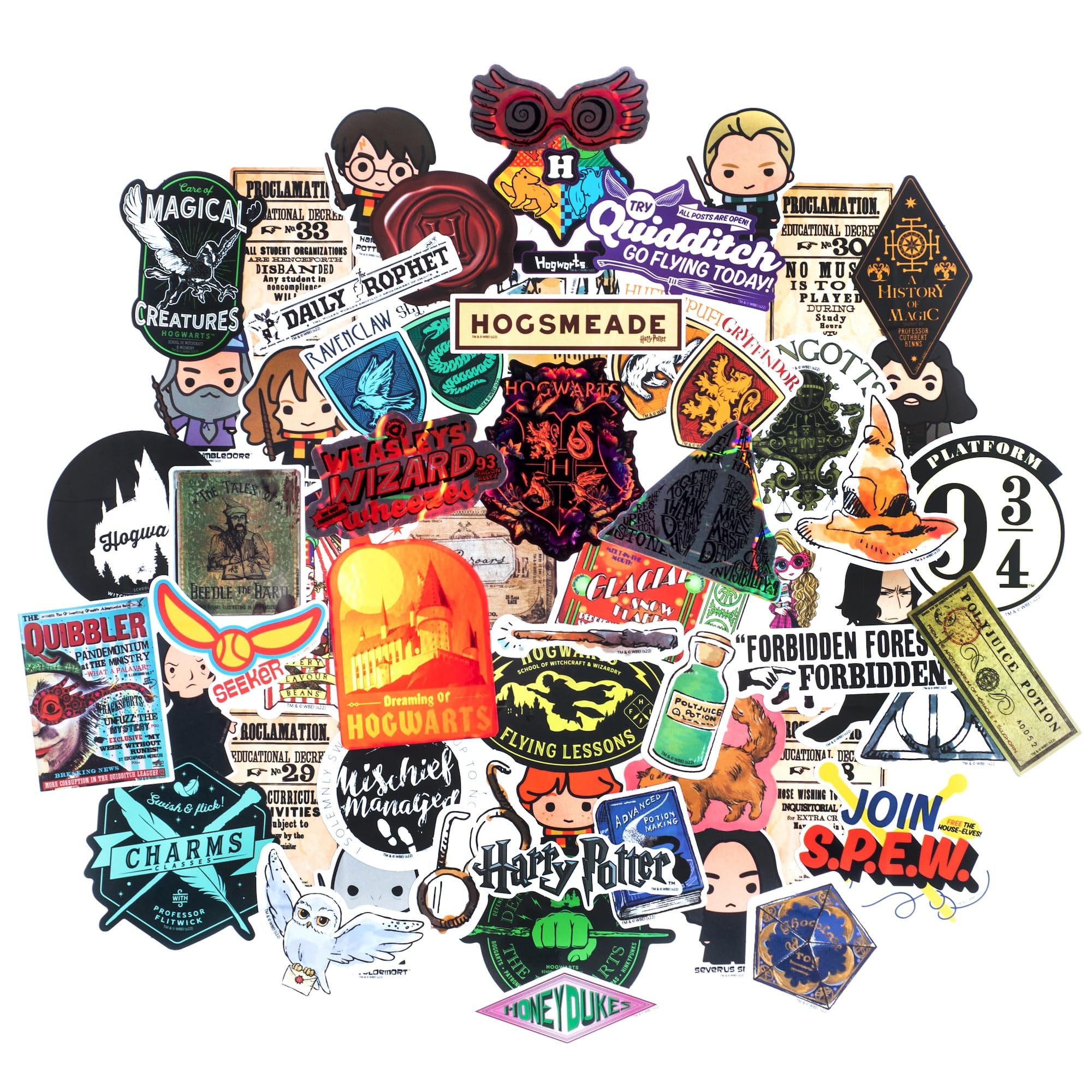 Conquest Journals Harry Potter Variety Vinyl Decals, Set of Unique Decal Stickers, 5 Holograms, Waterproof, UV & Scratch Resistant, Great for Gadgets, Officially Licensed (White Vinyl, 60-Pack)