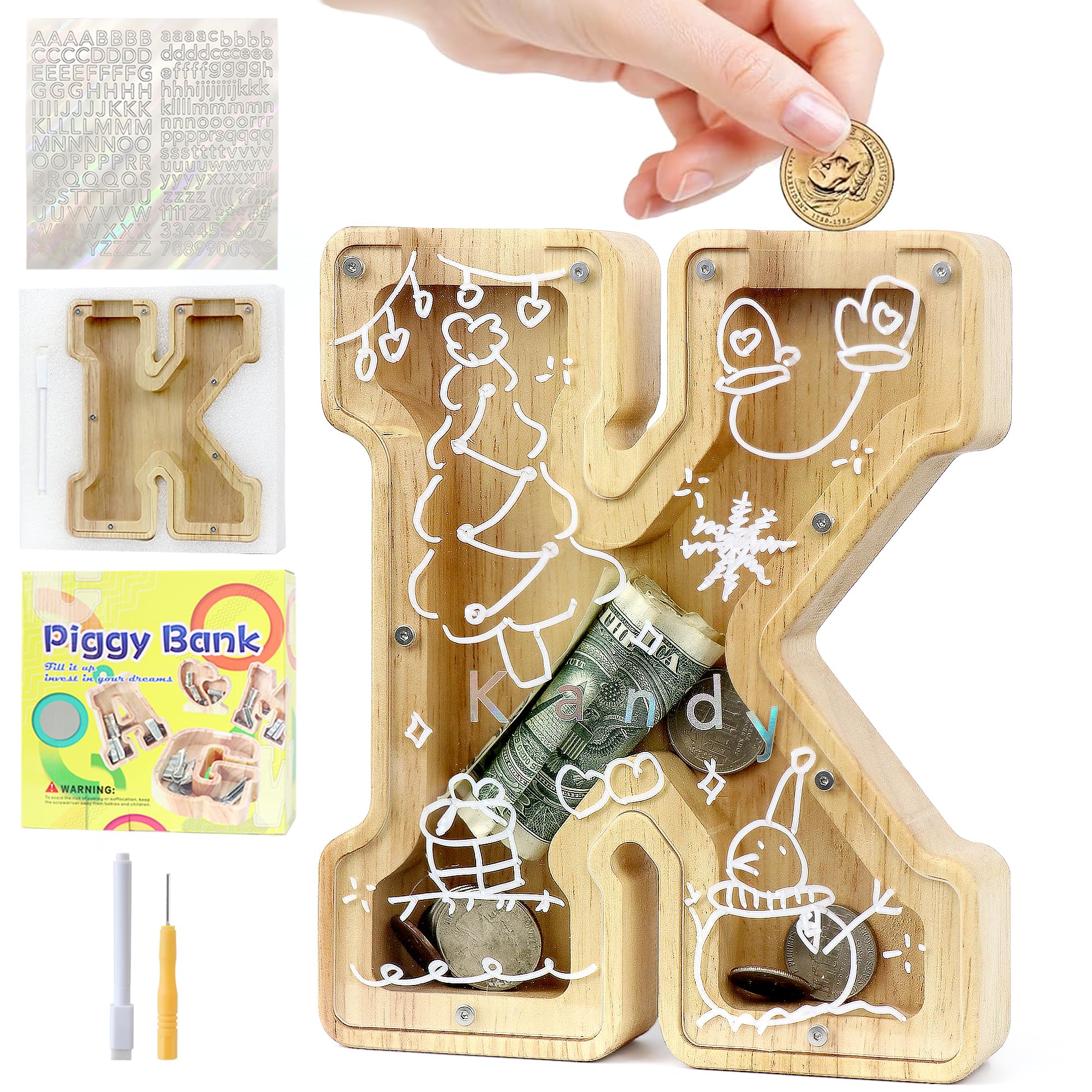Mikytoper Money Box for Kids, Wooden Letter Piggy Banks for Kids, Personalized Money Box Clear Money Bank, Boys Girls Toddler Birthday Festival Gift (K)