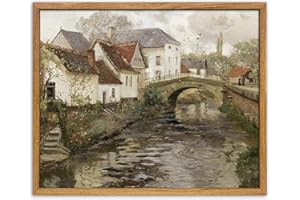 UPWOIGH Vintage Framed Wall Art,12x16in Country Oil Painting,Belgian Village Canal Print,European City,Rustic Decor,Antique P