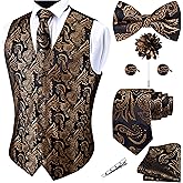 GUSLESON Formal Men Vest Paisley Floral Jacquard Tie Waistcoat Bow tie Hanky Lapel Pin Cufflinks Set Wedding 7PCS
