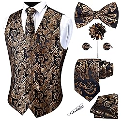 GUSLESON Mens Black Gold Vest Tie and Bow Tie Set