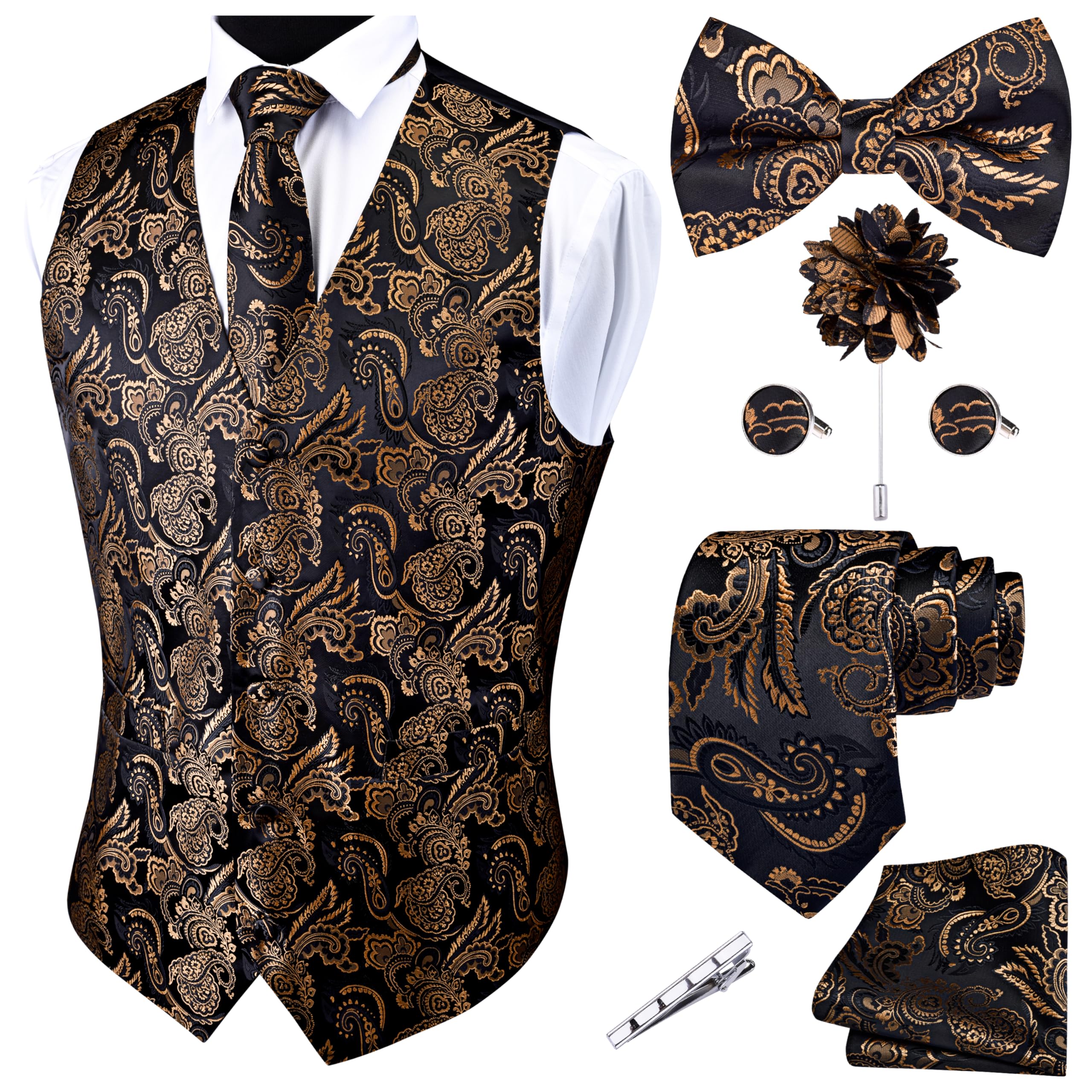 GUSLESON Mens Black Gold Vest Tie and Bow Tie Set