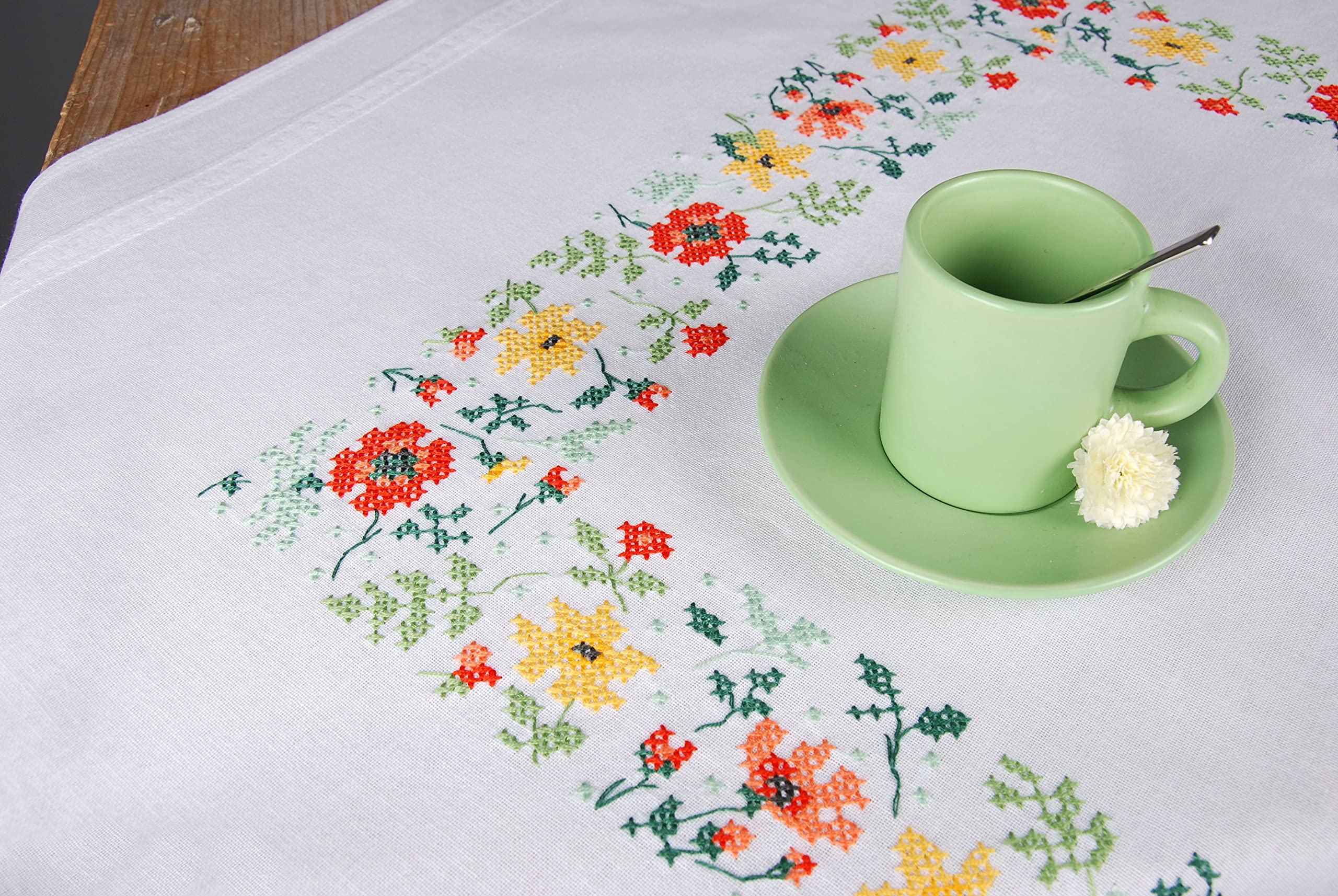Vervaco Cross Stitch Embroidery Kits Tablecloth Fresh Flowers Embroidery Blankets Predrawn Crafts Adult Creative Set Pre-Printed Blanket Embroidery 80 x 80 cm Embroidery Set DIY Embroidery Set