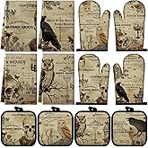 SiliFine 12 Pcs Gothic Kitchen Towels Pot Holders and Oven Mitts Set 4 Raven Dish Towels 4 Skull Oven Mitts 4 Owl Pot Holders for Gothic Home Cooking Dish Baking Decorative