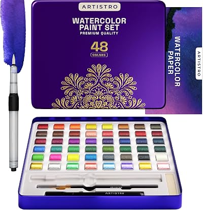 ARTISTRO Watercolor Paint Set 48 Colors Metallic Fluorescent Includes Paper