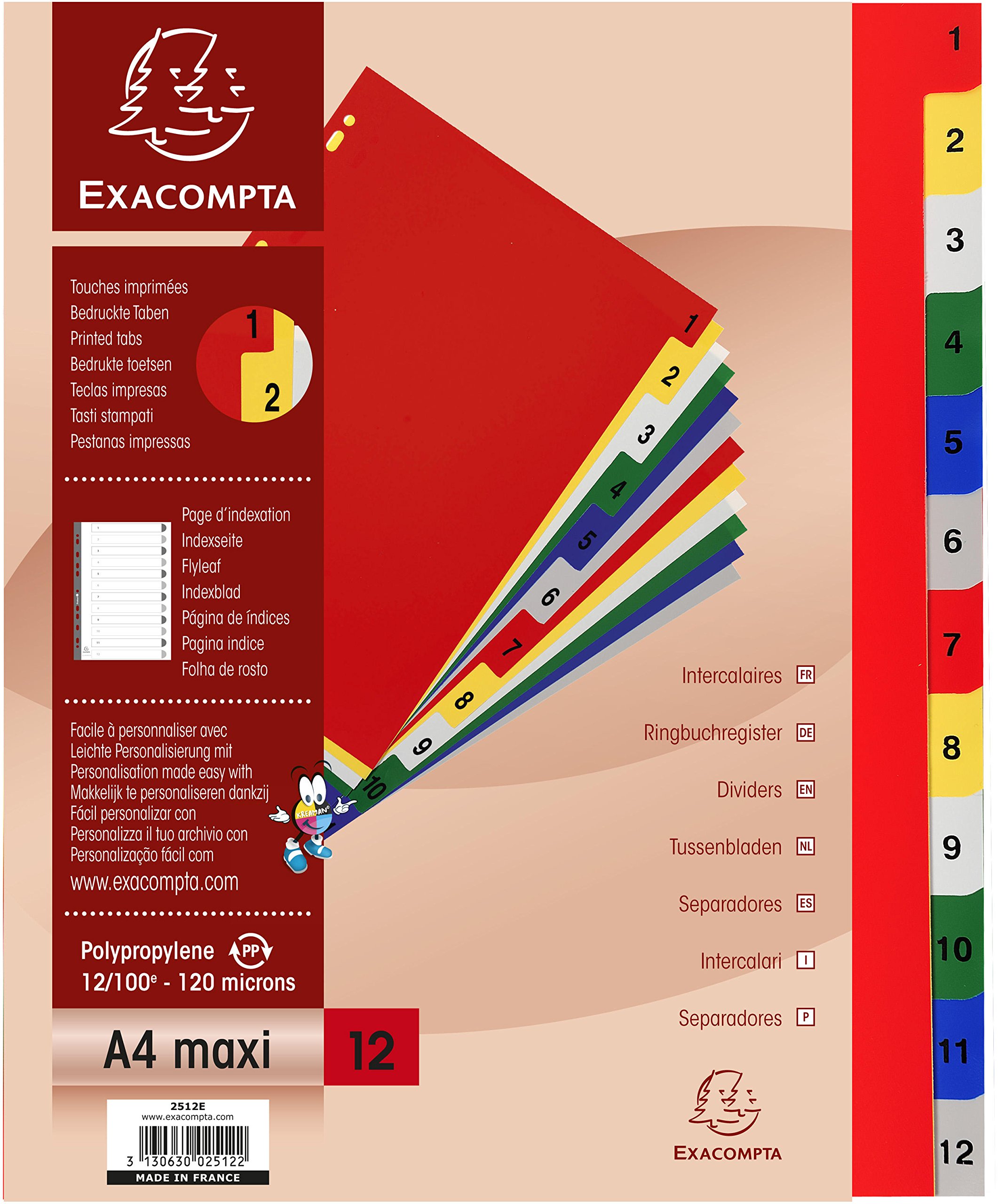 Exacompta - Ref 2512E - PP Printed Indices - For Use With A4+ Documents, 0.1mm Polypropylene, Pre-Punched, Soft & Tear Resistant - 12 Divider Parts (1-12) - White With Coloured Tabs โ image 1
