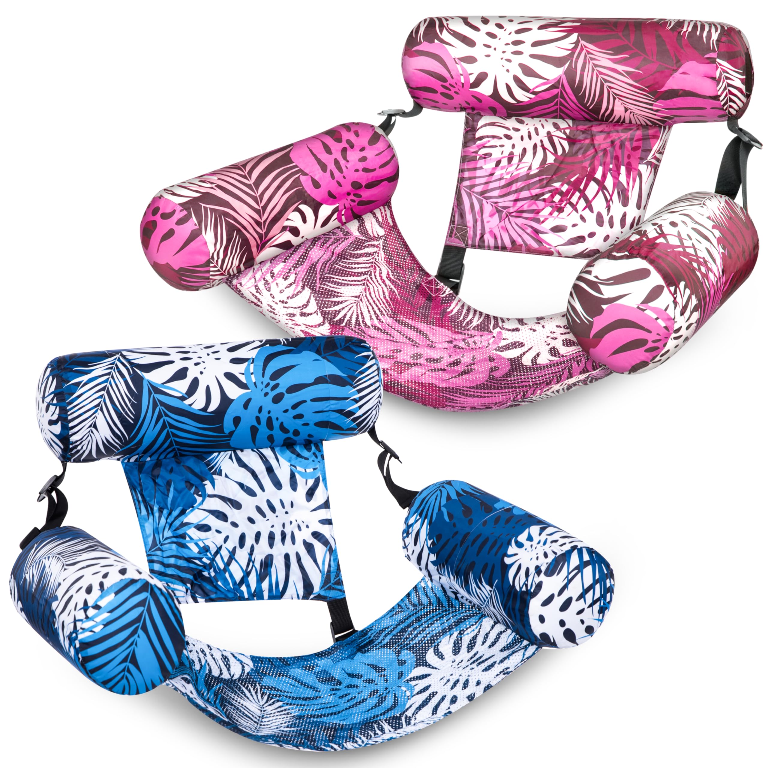 SLOOSH Inflatable Pool Floats Adult,2 Packs Floating Lounge Chairs,Blow up Pool Noodles for Adult Heavy Duty,Floating Chair for Party Summer Water Beach Lake Fun, Tropical Leaves-Pink,Blue