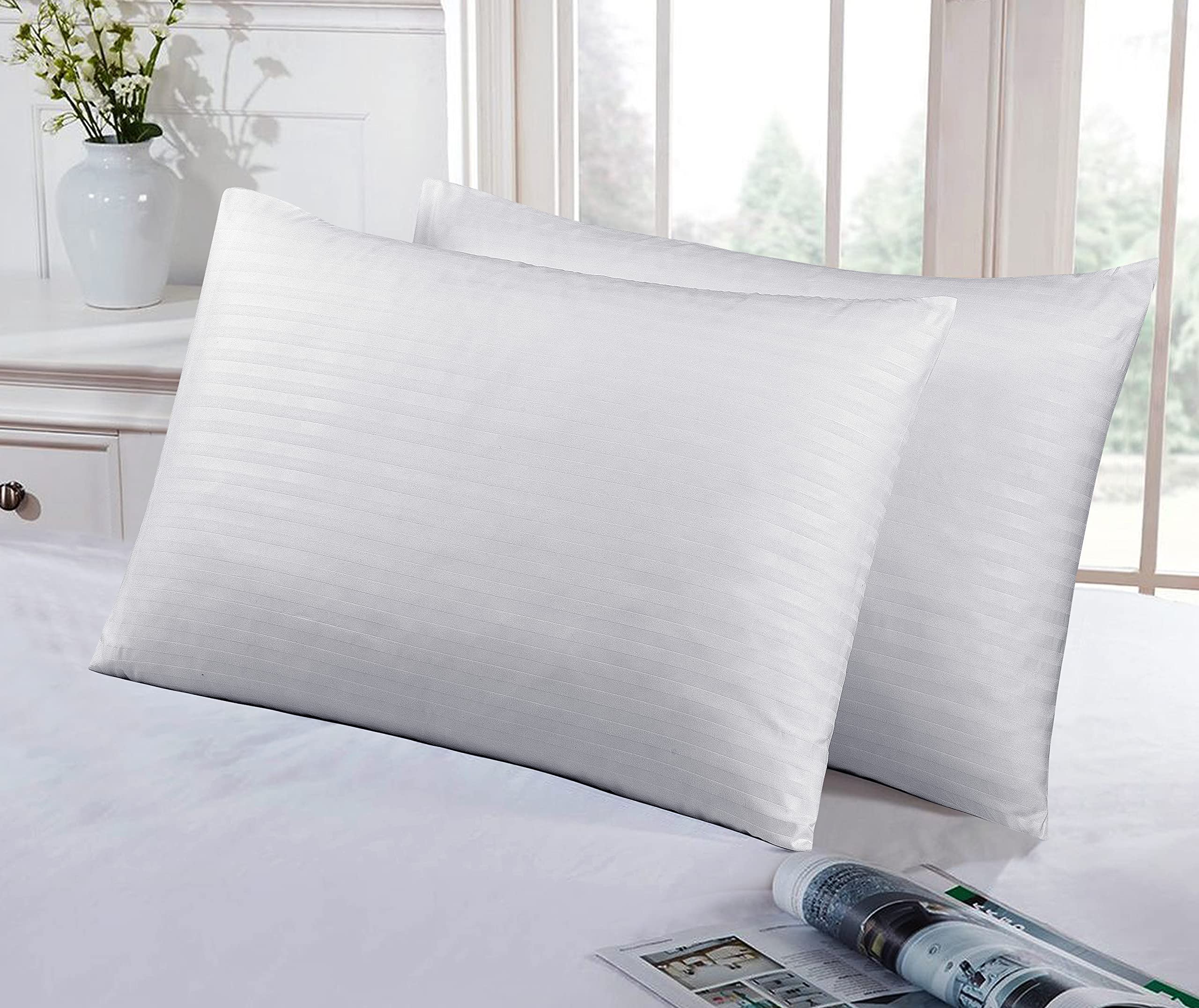 Luxevoir® Pillow Cases 2 Pack - Ultrasoft Satin Stripe Microfiber - Envelope Closure - Hypoallergenic - Breathable & Noiseless - White UK Standard 48x74 cm