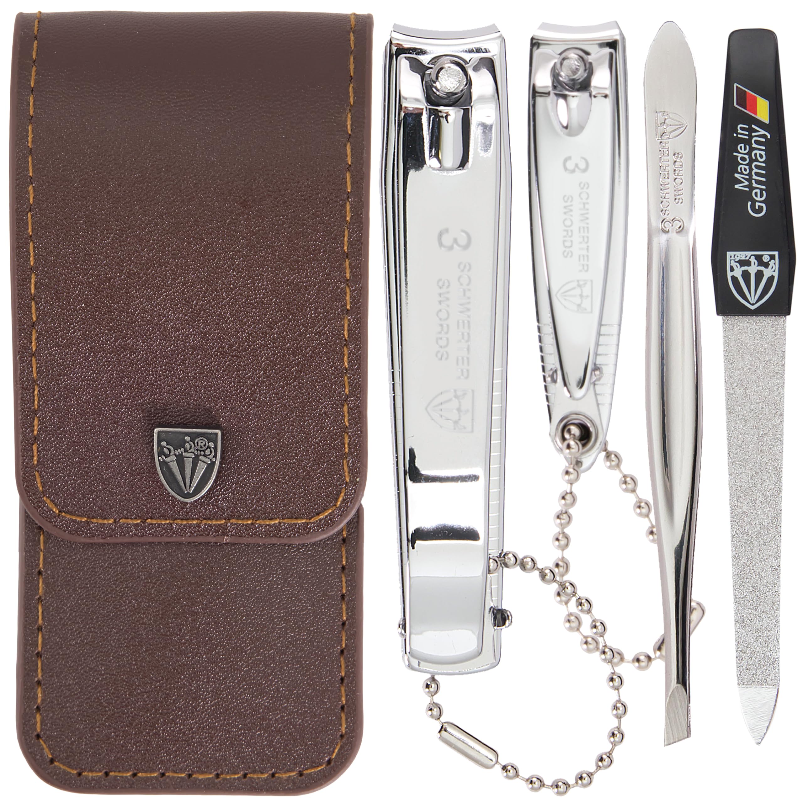 3 Swords Germany - manicure set with finger and toe nail clipper tweezers and nail file in brown synthetic leather case - brand quality