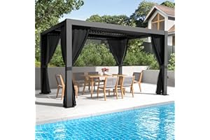 GS CHIER 10' ×13' Outdoor Louvered Pergola, Aluminum Pergola with Adjustable Roof, Waterproof & Rustproof Metal Gazebo for Outdoor Deck, Black Pergolas with Gray Curtain (Black with Curtain)