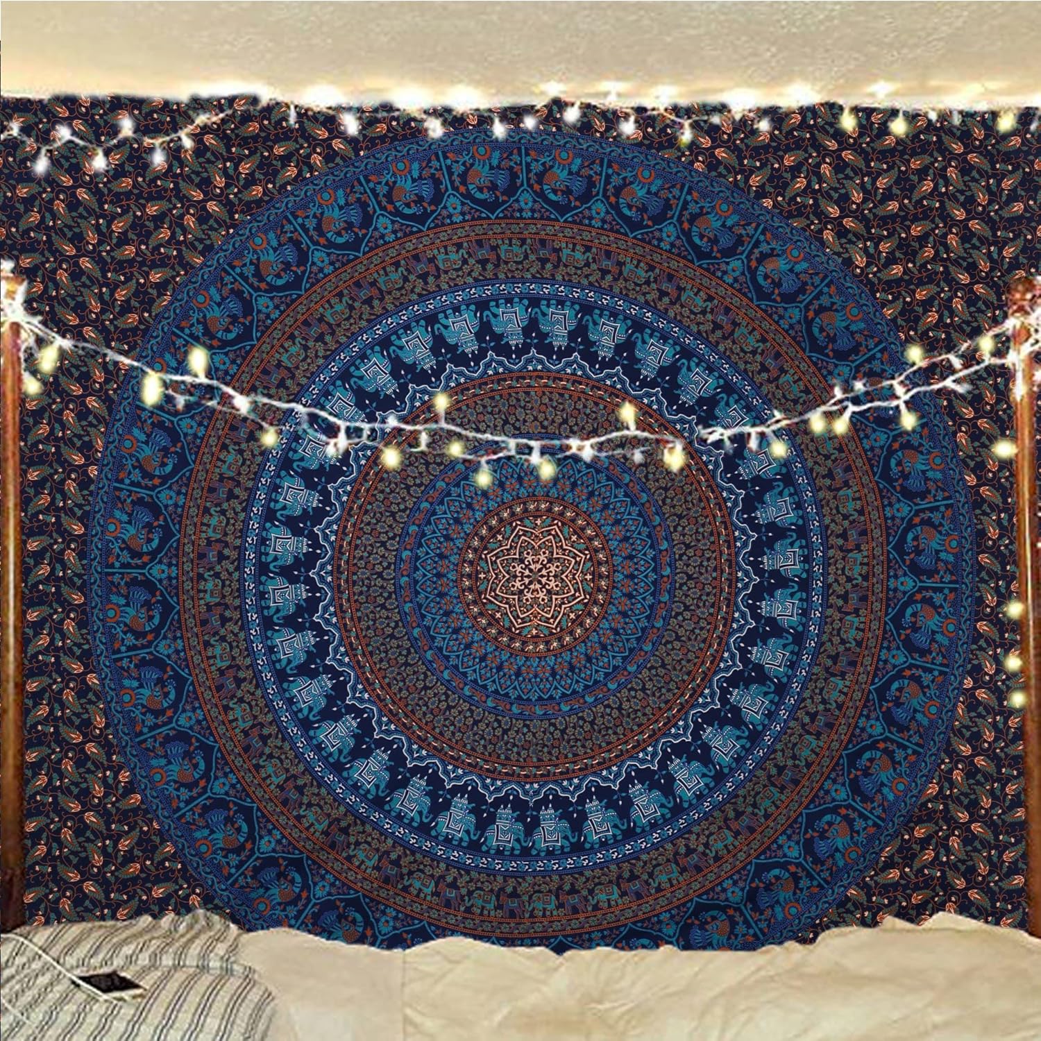 Tapestries - Bless International Indian-hippie-gypsy Bohemian-psychedelic Cotton-mandala Wall-hanging-tapestry-multi-color Large-mandala Hippie-tapestry (Blue Gold, Queen (84x90Inches)(215x230Cms))