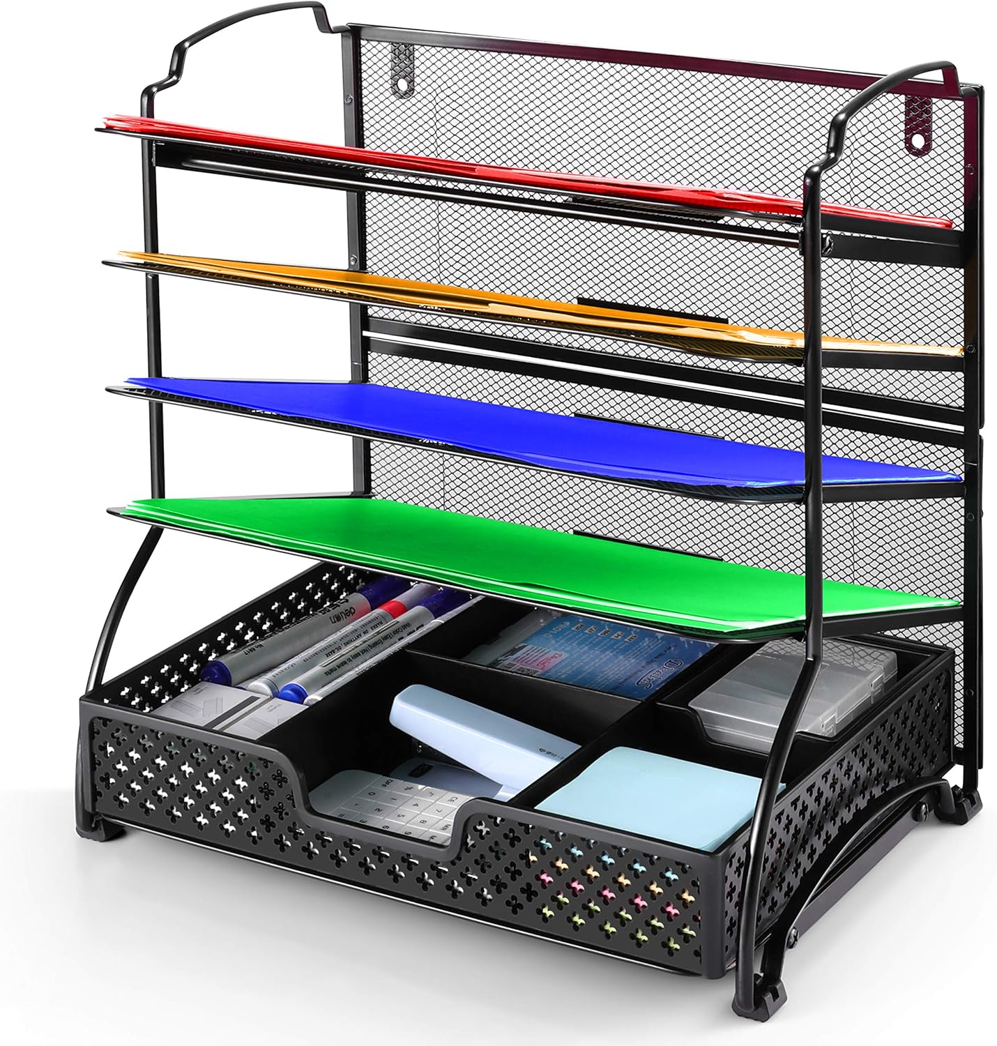 Simple Trending 5-Trays Mesh Desk File Organizer Vertical Document Letter Tray Wall File Holder with Plastic Drawer Organizer for Office Home, Black : Office Products