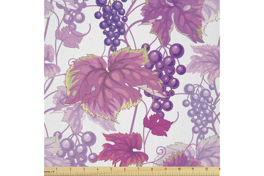 Lunarable Vineyard Fabric by The Yard, Vivid Different Type of Grape Leaves Wine Berries Gourmet Taste Print Artwork, Microfi