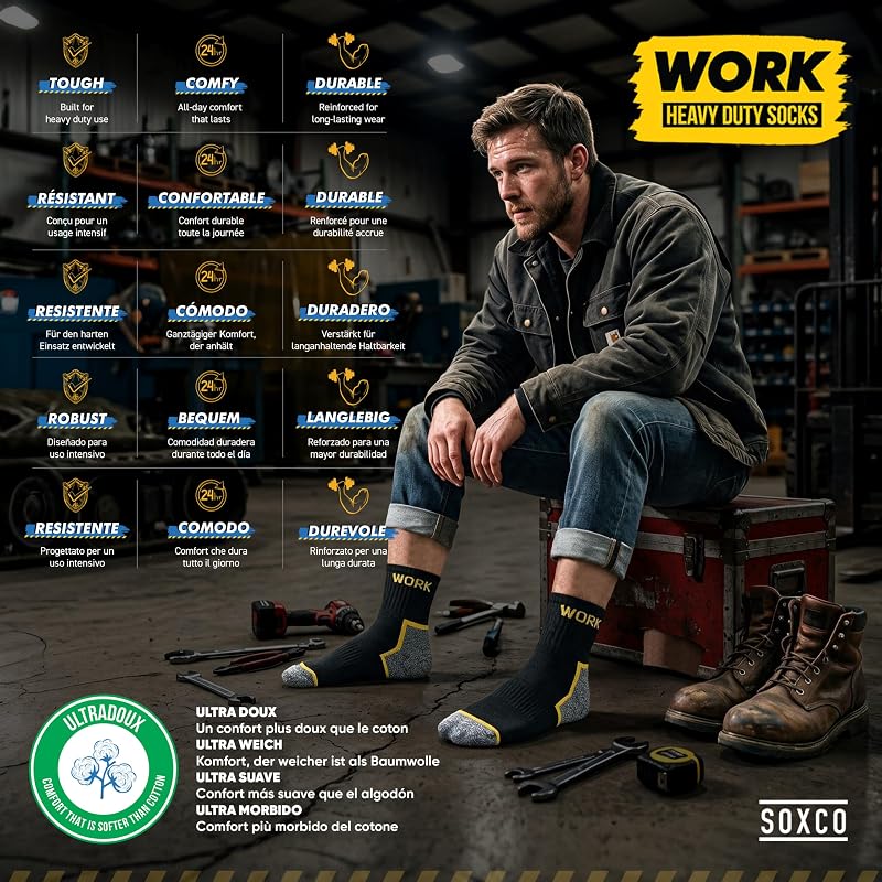 Chaussettes de travail mi-hautes noires homme | Technologie DRI-WIK d’évacuation de l’humidité | Semelle ultra douce et coussinée | Talon et pointe renforcés | WORK socks lot de 10 paires 43-46