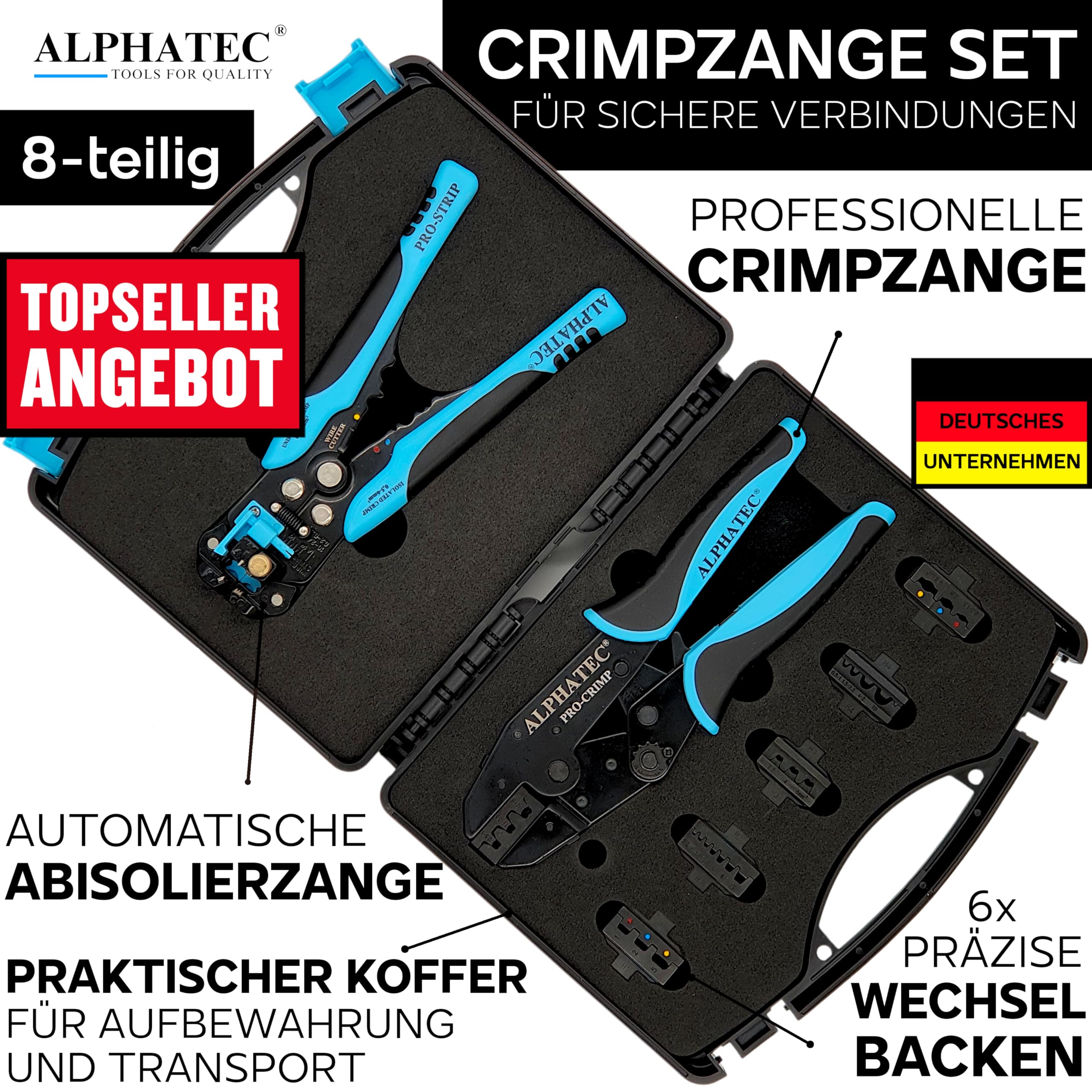 ALPHATEC® Crimpzange Set mit Wechselbacken inkl. automatische Abisolierzange - [0,25-10mm²] - Crimpzange Kabelschuhe, Aderendhülsenzange, Flachstecker, MC4 Zange PV Solar - Krimpzangenset 8-teilig 2