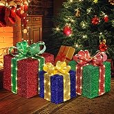 DomKom Set of 3 Christmas Lighted Gift Boxes, 160 Led Light Up Present Decorations, Metal Frame Gift Box with Lighted Bowknot for Xmas Tree Indoor Outdoor Yard Holiday Decor