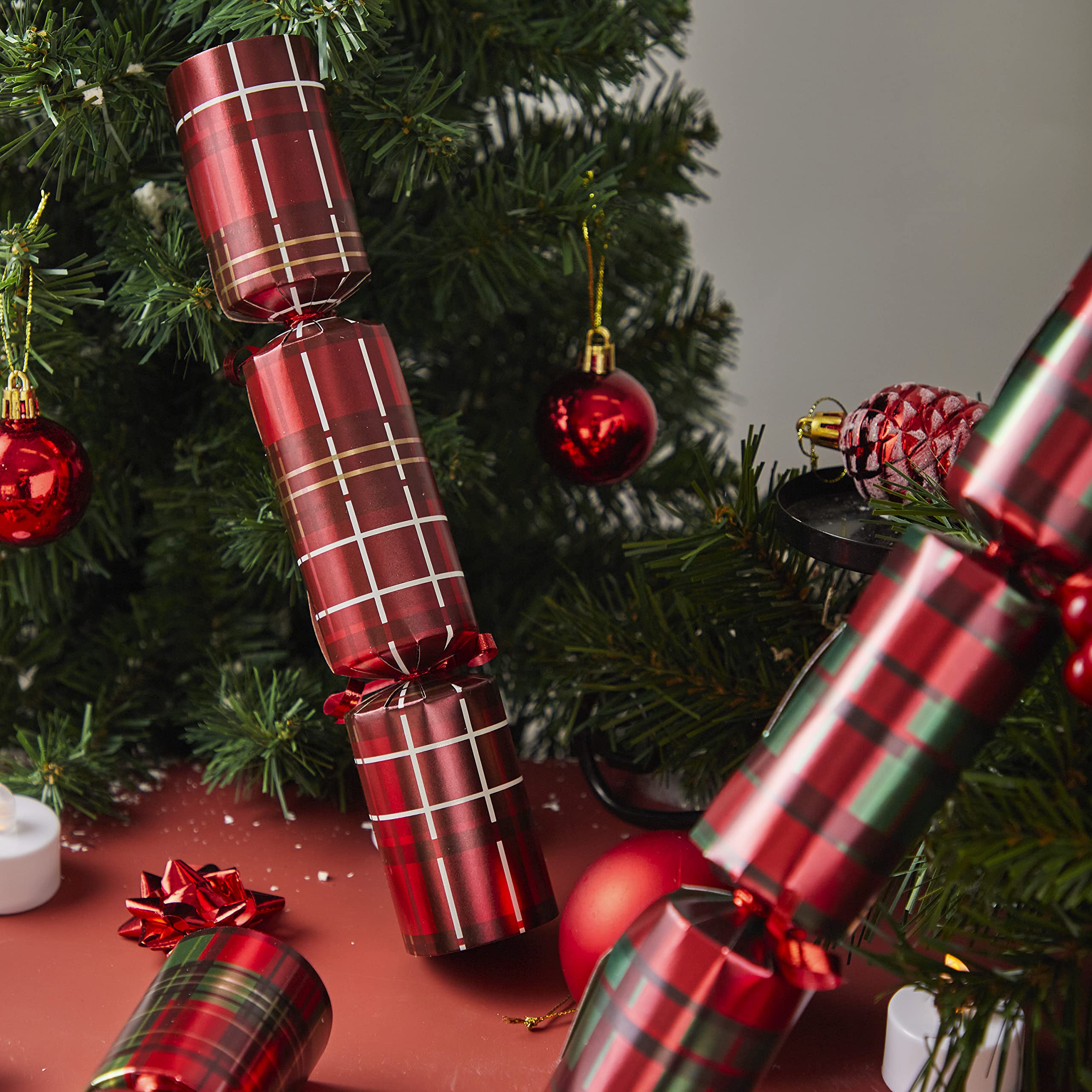 JOYIN 8 Pack Christmas Non-Snap Party Favor, Red Check Plaid Party Table Favor Includes Party Hat, Jokes & Gifts, Xmas Gifts Prizes for Christmas Holiday Dinner Traditions Supplies