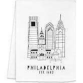 Moonlight Makers Original Flour Sack Dish Towel - 100% Cotton Kitchen Towels, Cute Cleaning Cloth, Lint-Free & Absorbent Kitchen Tea Linens for Dish Drying, 28inx28in - Philadelphia Skyline, White