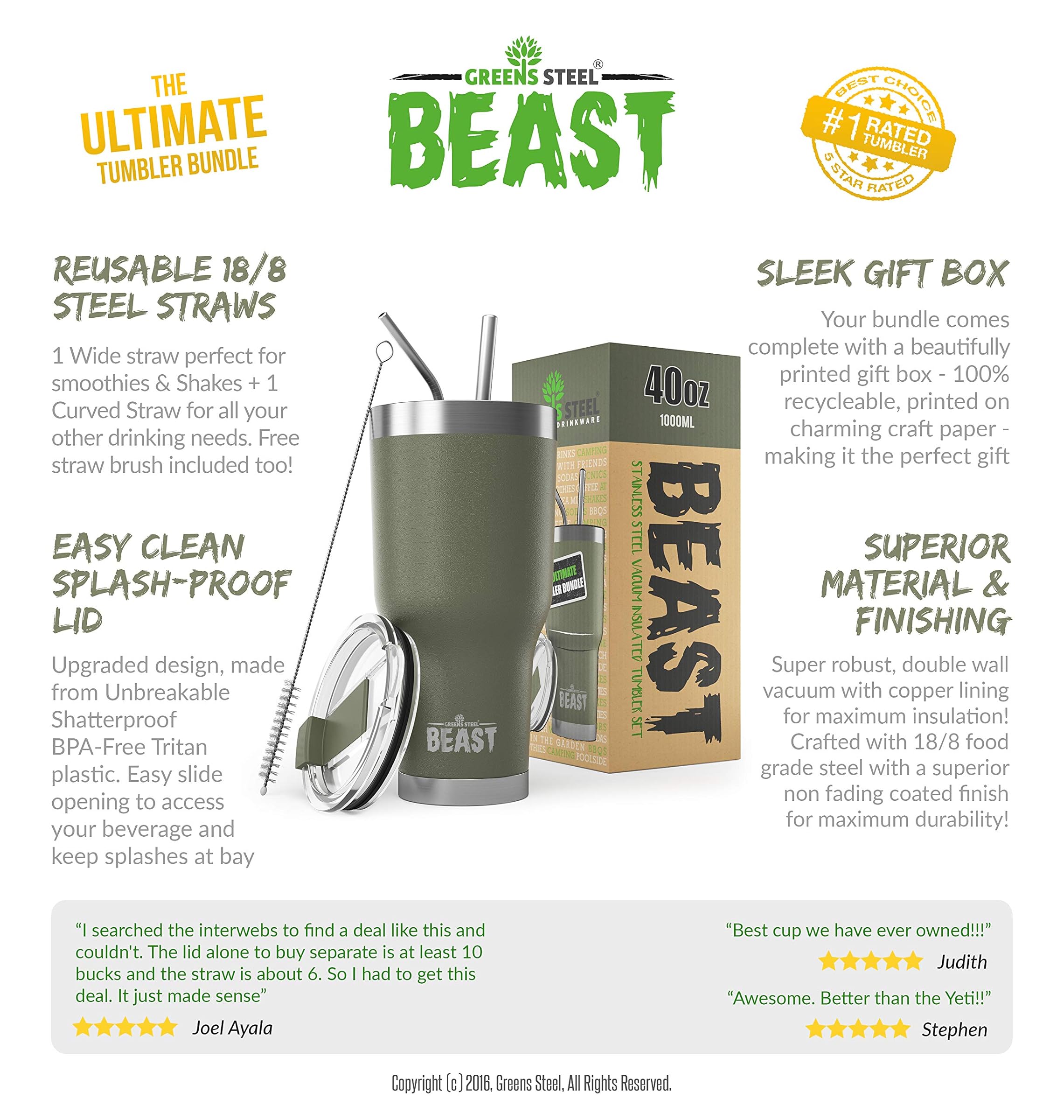 BEAST 40オンス アーミーグリーンタンブラー – 断熱ステンレススチールコーヒーカップ 蓋付き ストロー2本 ブラシ&ボックス Greens Steel