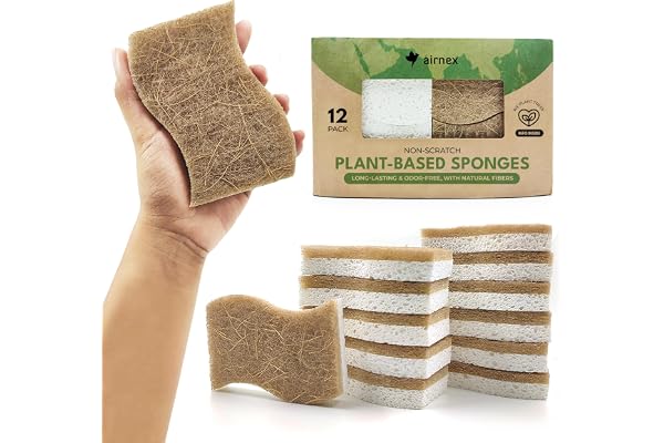 AIRNEX 12 Pack Natural Sponges for Dishes - Biodegradable Sponges for Kitchen - Plant Based Cellulose & Coconut Natural Dish