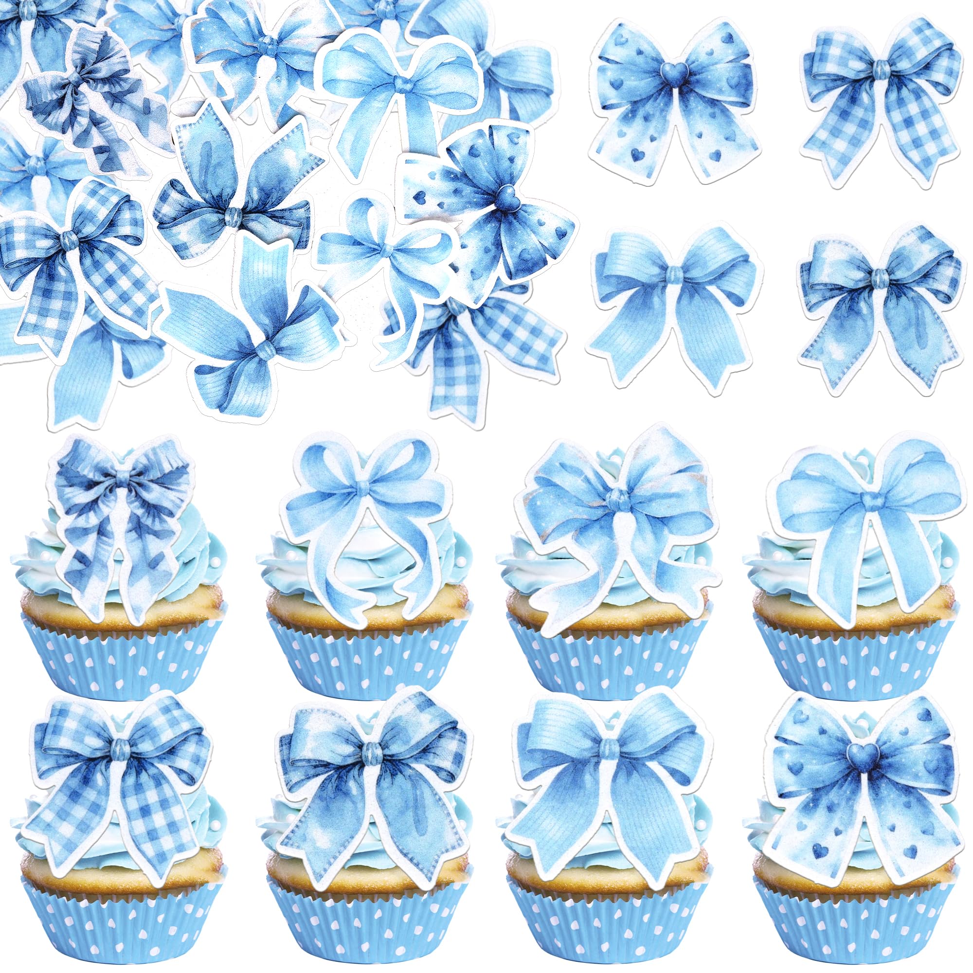 SYKYCTCY 64 Pack Edible Bow Cupcake Toppers Pink Bowknot Cupcake Picks Water Paper Bow Tie Decoration for Wedding Engagement Bridal Shower Birthday Party Cake Decorations Party Supplies Blue
