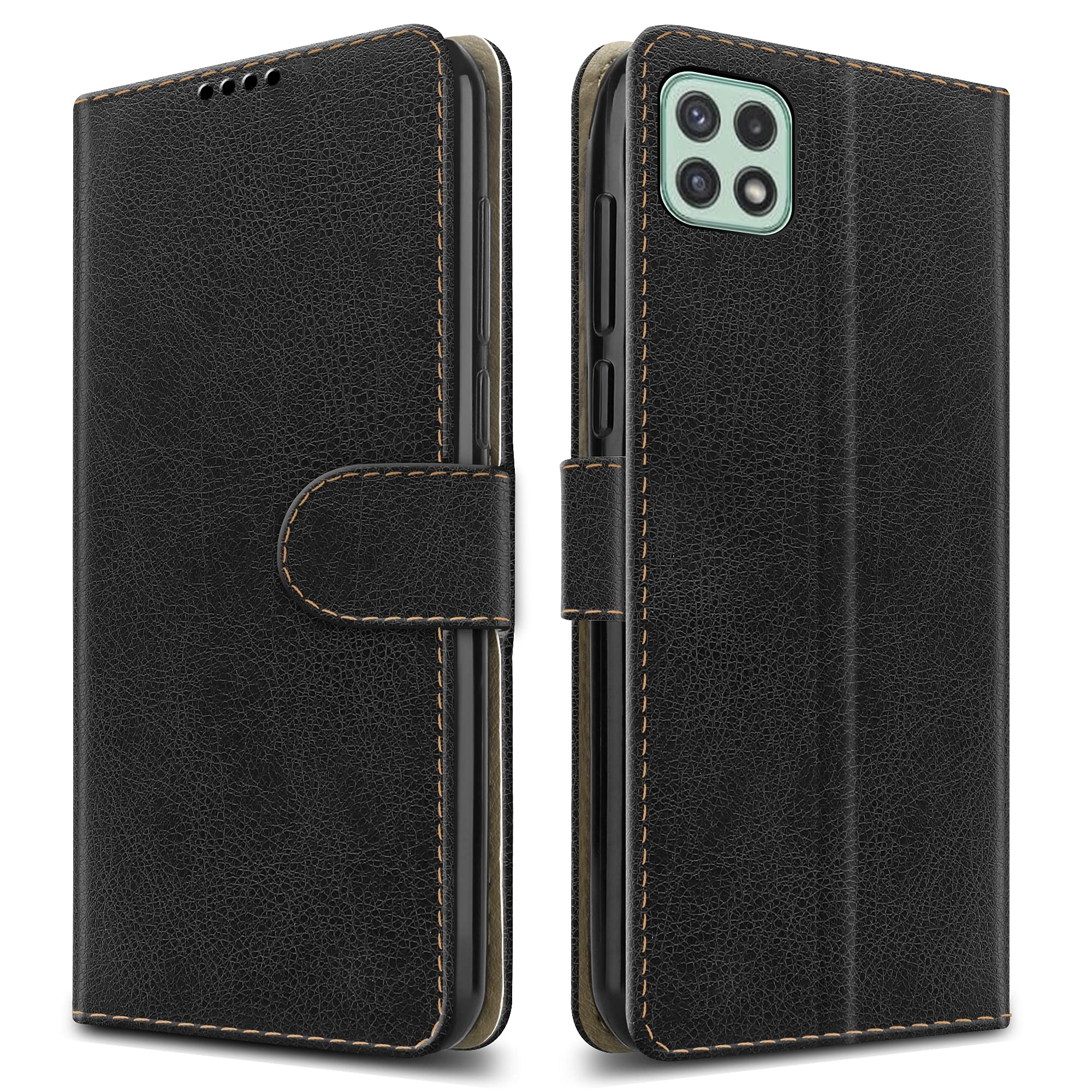 PIXFAB For Samsung Galaxy A22 5G Leather Phone Case, Magnetic Closure Full Protection Book Folio Design, Wallet Case Cover [Card Slots] and [Kickstand] For Samsung Galaxy A22 (5G) - Black