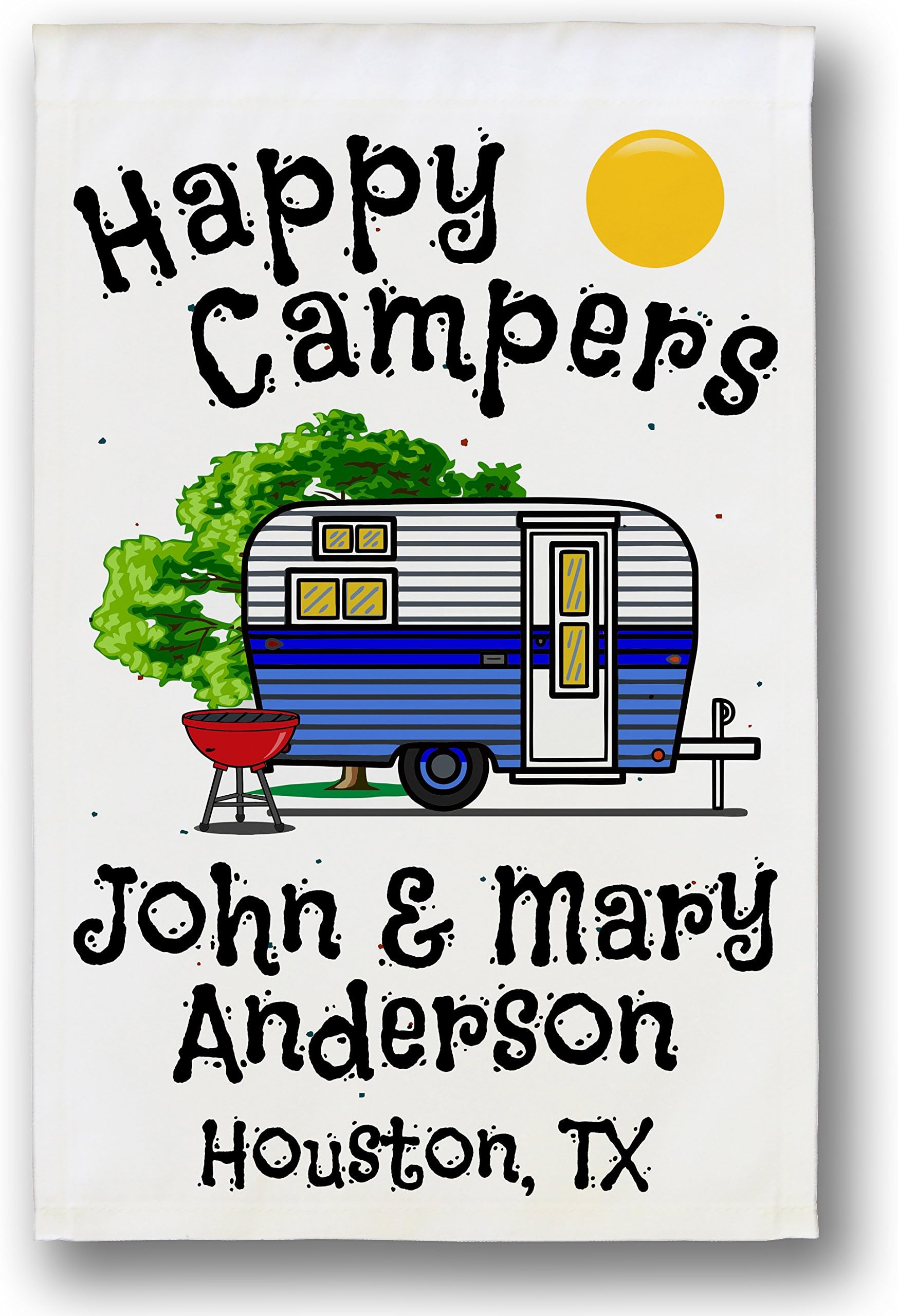 Happy Camper WorldPersonalized Camping Garden Sized Flag, Happy Campers and Vintage Travel Trailer Graphic, with 3 Additional Lines of Custom Text, Printed on White Fabric, Blue Camper