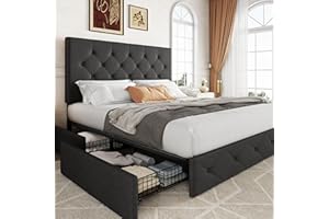 Allewie Upholstered Queen Size Platform Bed Frame with 4 Storage Drawers and Headboard, Diamond Stitched Button Tufted, Mattress Foundation with Wooden Slats Support, No Box Spring Needed, Dark Grey