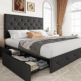 Allewie Upholstered Queen Size Platform Bed Frame with 4 Storage Drawers and Headboard, Diamond Stitched Button Tufted, Mattress Foundation with Wooden Slats Support, No Box Spring Needed, Dark Grey