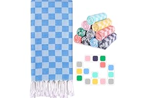 ANTFUNY Cotton Turkish Beach Towels with Bag Quick Dry Sand Free Soft Absorbent Adult Bath Pool Swim Long Wide Stripe Towel Cloud Linen Sandfree Chamois Mat Summer Thing Lightweight Thin Travel Blue Plaid