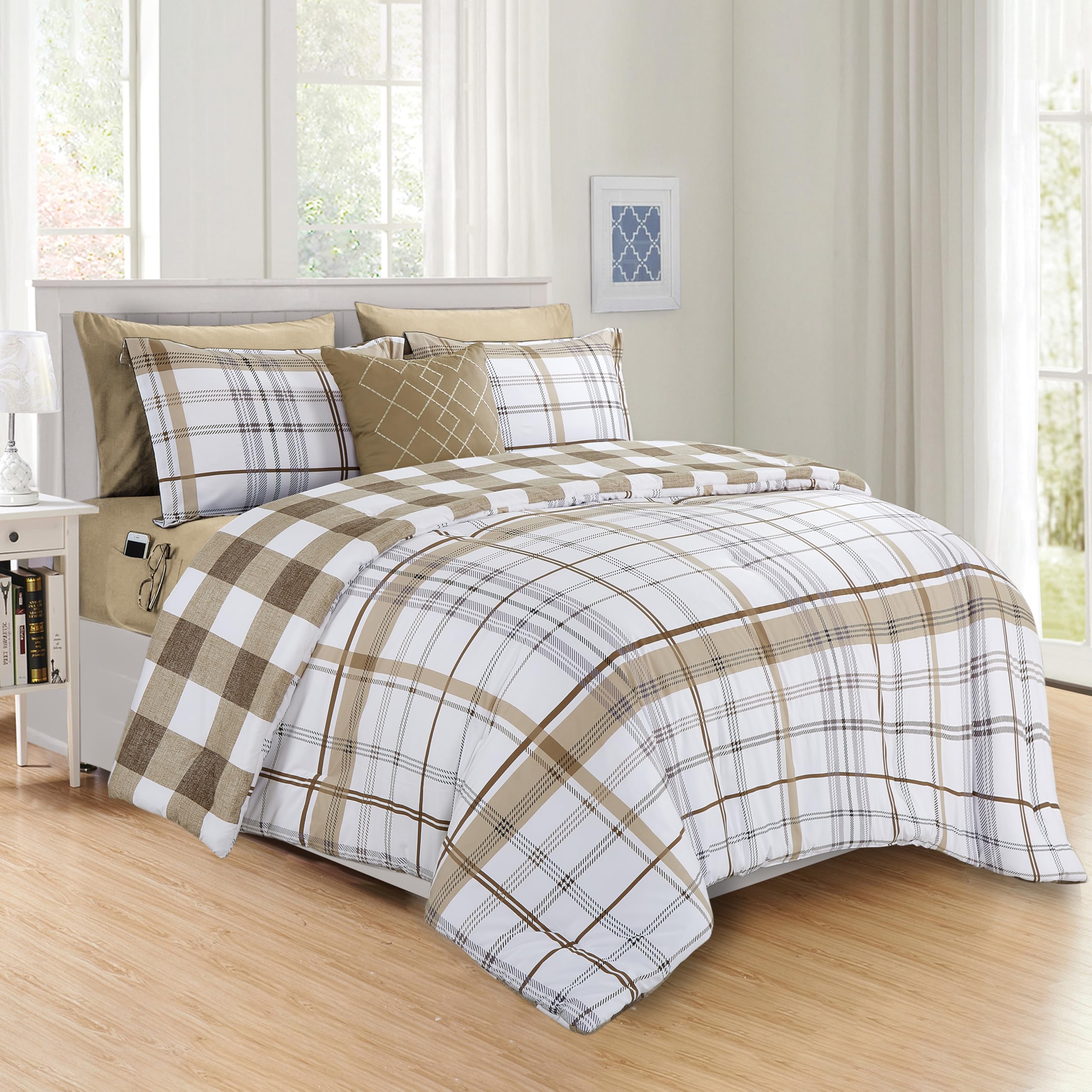 Elegant Comfort 8- Piece Lodge Plaid Reversible Comforter Set Bed-in-a-Bag Set - Silky Soft Complete Set Includes Bed Sheet Set with Double Sided Storage Pockets, Full/Queen, Taupe Image