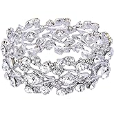 EVER FAITH Clear Austrian Crystal Bridal Floral Leaf Elastic Bracelet for Women