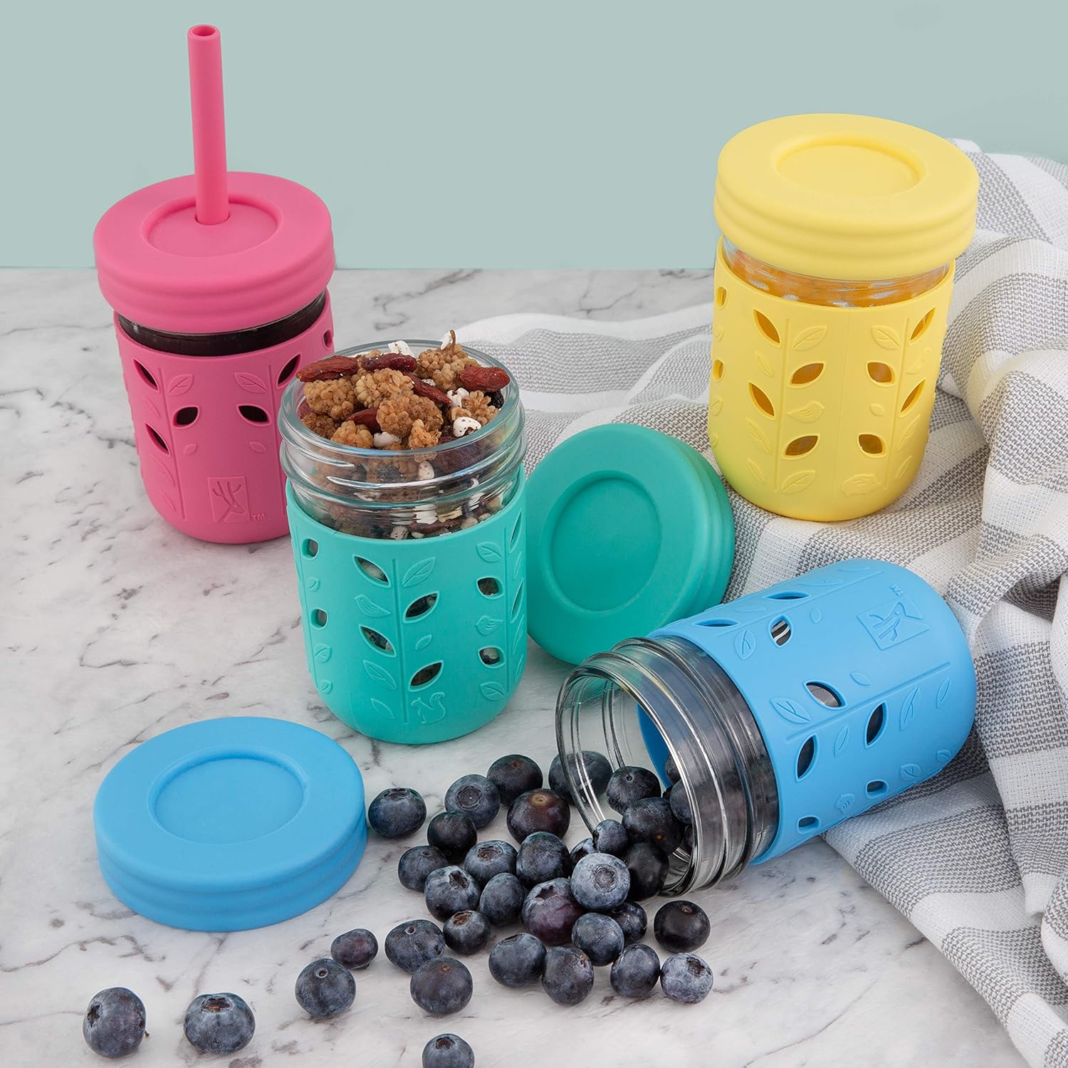 Elk and Friends Kids & Toddler Cups | The Original Glass Mason jars 8 oz with Silicone Sleeves & Silicone Straws with Stoppers | Smoothie Cups | Spill Proof Sippy Cups for Toddlers : Baby
