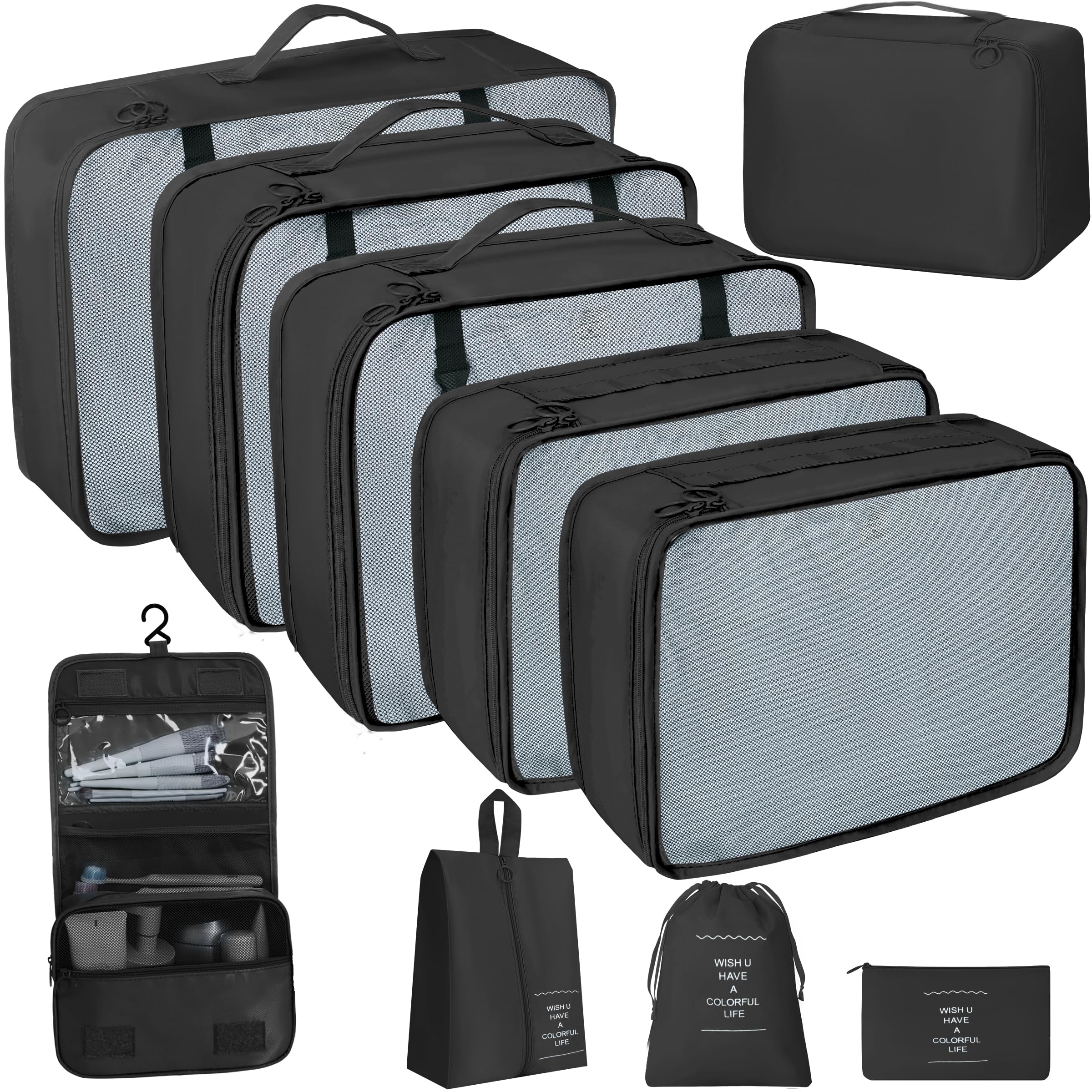 Photo 1 of 10 Pcs Set Packing Cubes For Travel Packing Organizers Expandable Luggage Organizers Bags Essentials Packing Cubes For Suitcases Travel Accessories((BLACK)
