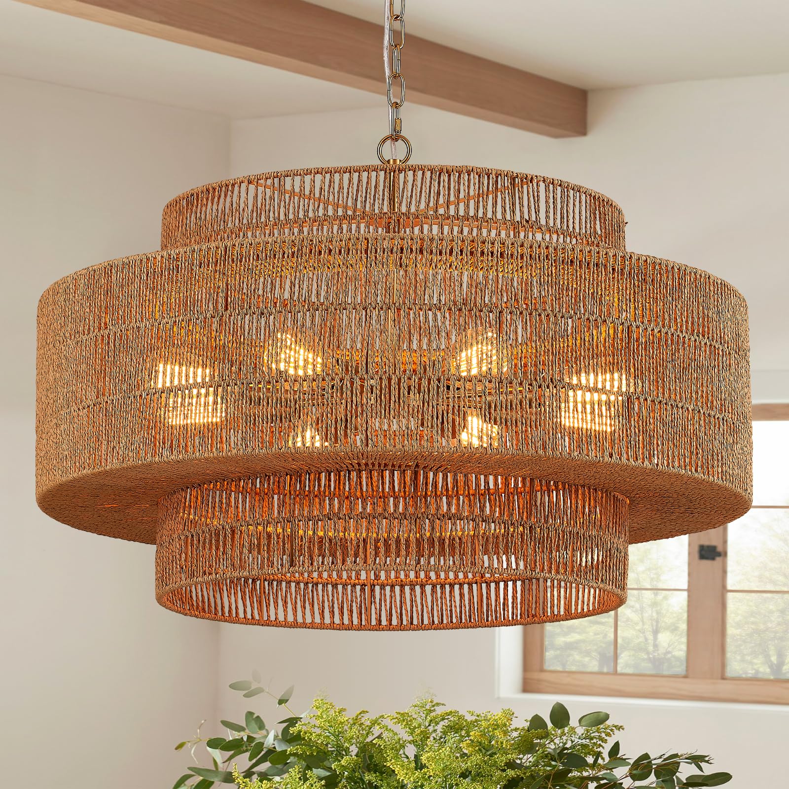 Photo 1 of Widluth 31” Large Rattan Chandelier Light Fixture 8-Light Vintage Farmhouse Hand-Woven Boho Bamboo Rattan Chandelier 3-Tier Drum Wicker Gold Chandeliers for Dining Room, Kitchen, Living Room