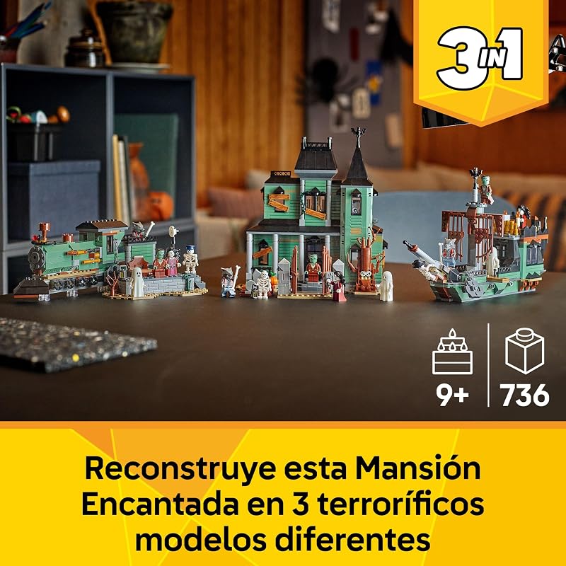 Criador 3 em 1 Haunted Mansion - Casa de Brinquedos Interativa Transformável em Navio Fantasma ou Comboio - 5 Minifigures Inc. Frankenstein e Lobisomem - Presente para Rapazes e Raparigas 9+ Anos 31167