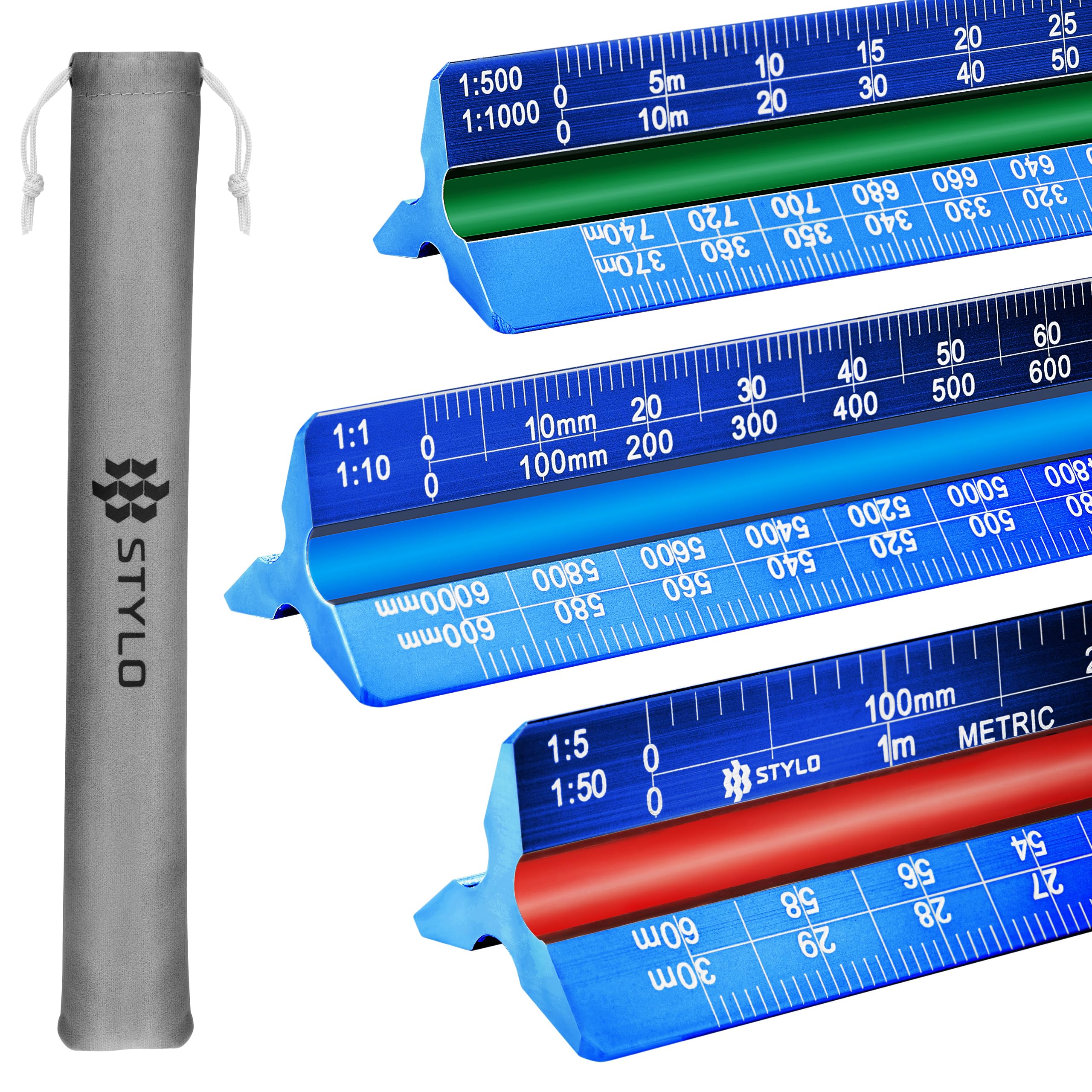 Aluminum Architect Scale - 30cm Laser Etched Triangle Drafting Ruler with Colour Coded Grooves for Blueprint, Drafting - Architectural Scale (Blue, Metric Units) — image 1