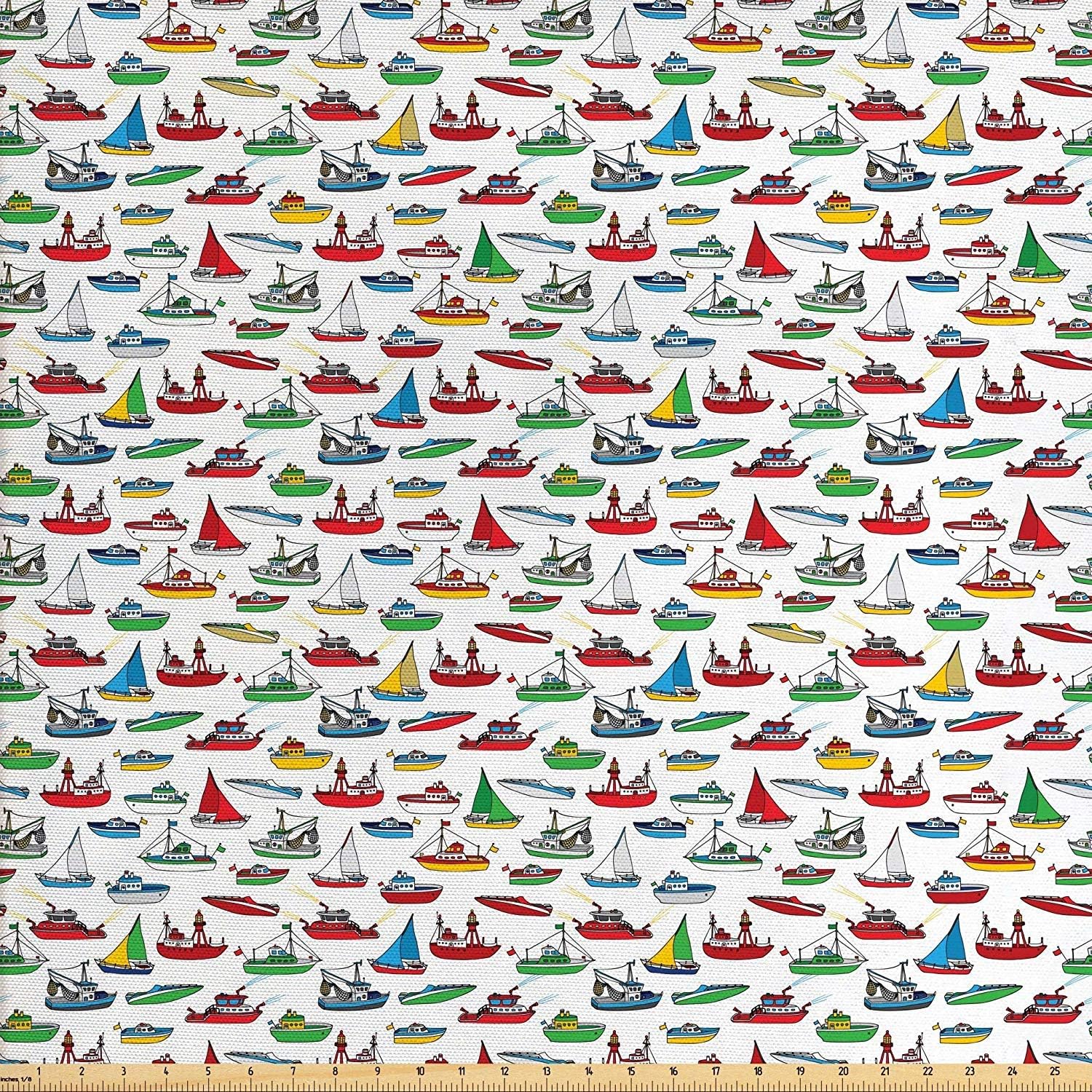 Elvoes Nautical Fabric by The Yard, Bunch of Colorful Vessel Speedboat Fishing Trawler Motorboat Water Vehicle Concept, Decorative Fabric for Upholstery and Home Accents, 2 Yards, White Red