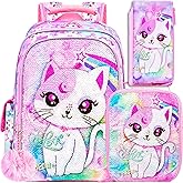UFNDC 3PCS Girls Backpack, 16”Kids Cat Sequin Bookbag with Lunch Box, Water Resistant School Bag for Elementary Preschool Toddler