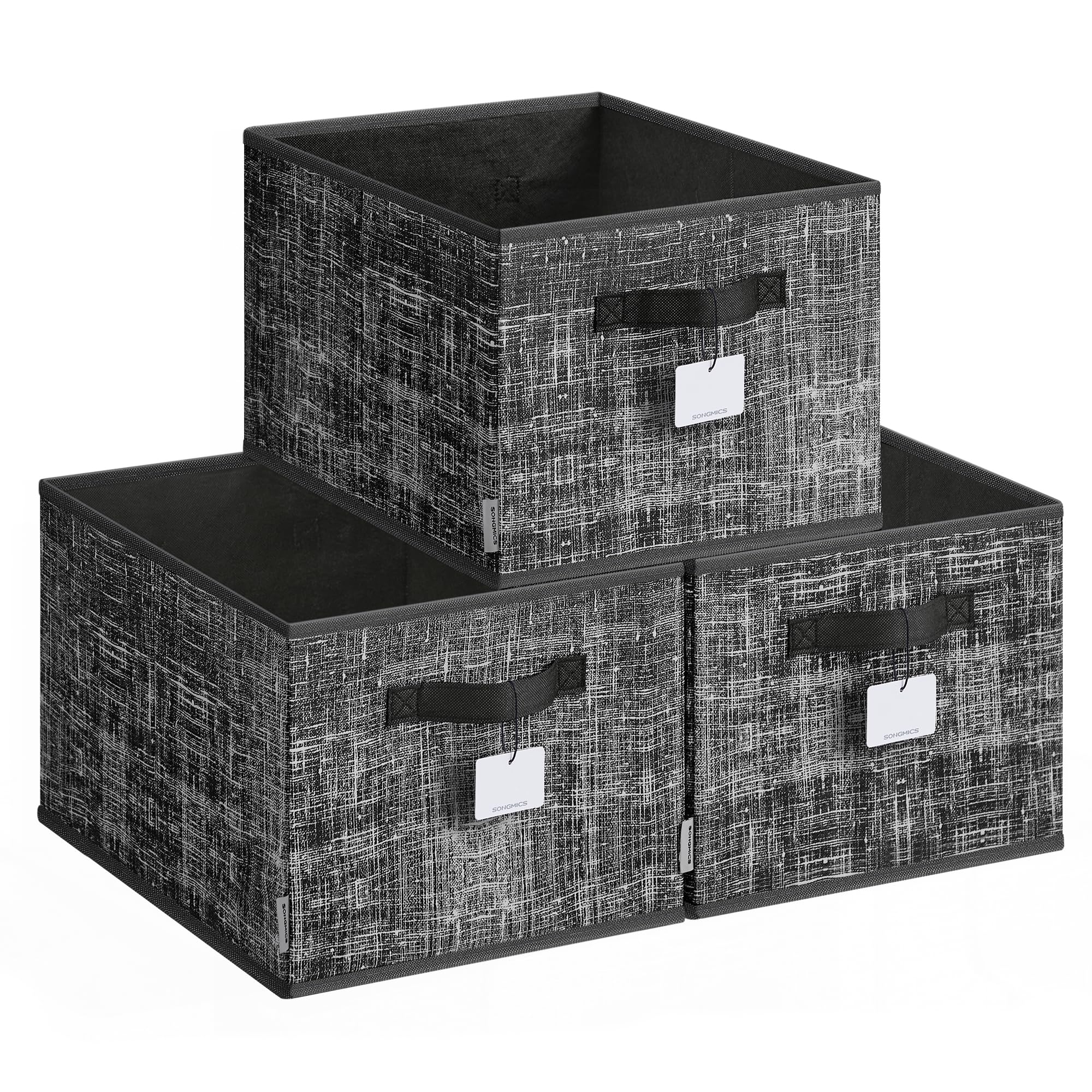 SONGMICS Collapsible Storage Boxes, Set of 3 Fabric Storage Baskets, 40 x 30 x 24 cm, Wardrobe Storage Organisers, 2 Handles, Label Holders, for Bedroom, Living Room, Ink Black ROB440B01