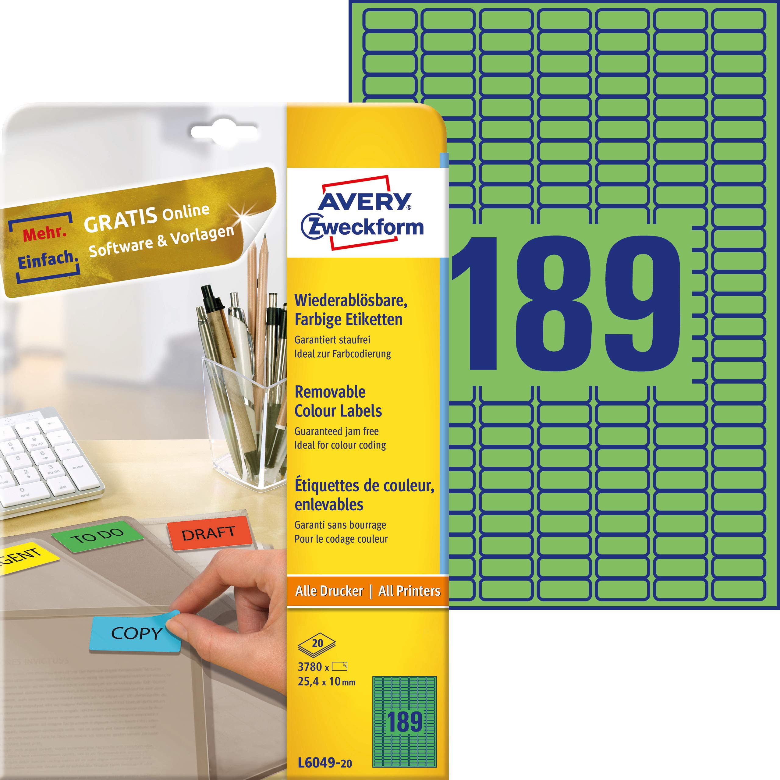 Avery Zweckform L6049-20 Labels 25.4 x 10 mm Green 20 Sheets