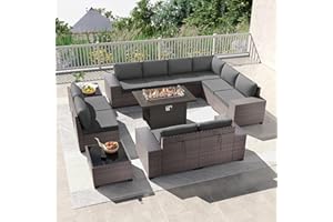 Kullavik 13PCS Outdoor Patio Furniture Set with 43" 55000BTU Gas Propane Fire Pit Table PE Wicker Rattan Sectional Sofa Patio Conversation Sets,Grey