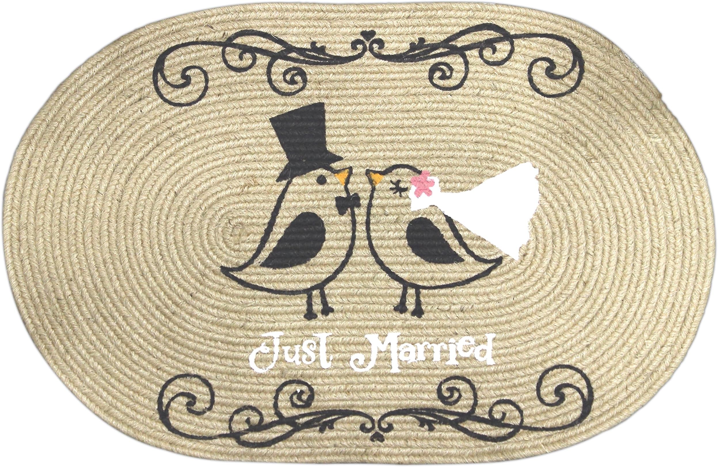 JEC 29.5" x 19" Braided Beige Rope Rug Mat Just Married Bird Couple