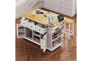YAYZY Rolling Kitchen Island with Drop Leaf & Power Outlet, Large Kitchen Islands Cart on Wheels, Movable Kitchen Island with 5 Open Storage Shelves & Towel Rack for Kitchen, Dining Room, 53-Inch, White