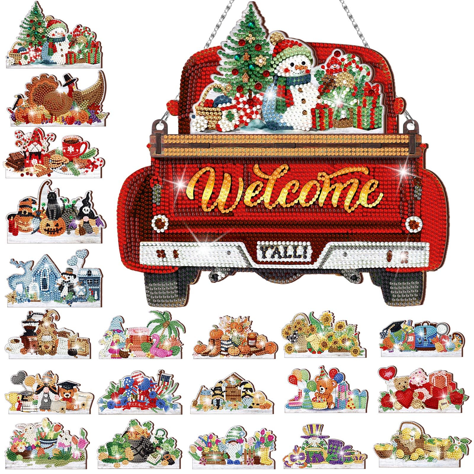 Photo 1 of ***MISSING PIECES*** ***READ CLERK NOTES*** Burbell 21 Pcs Interchangeable Diamond Painting Welcome Sign for Christmas Front Door Diamond Painting Truck Decor Interchangeable Seasonal Welcome Sign for DIY Set Wall Window Farmhouse(Red)
