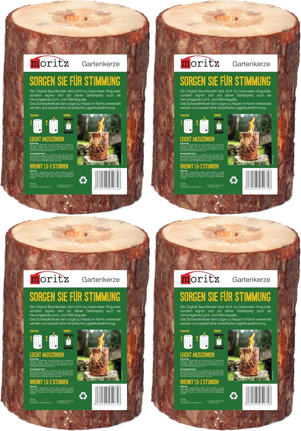 Moritz 4X Schwedenfeuer Baumfackel inkl. Anzünddocht Finnenfackel Gartenfackel Fackel Holz Partyfackel 1,5-2 Stunden Brenndauer 25cm hoch