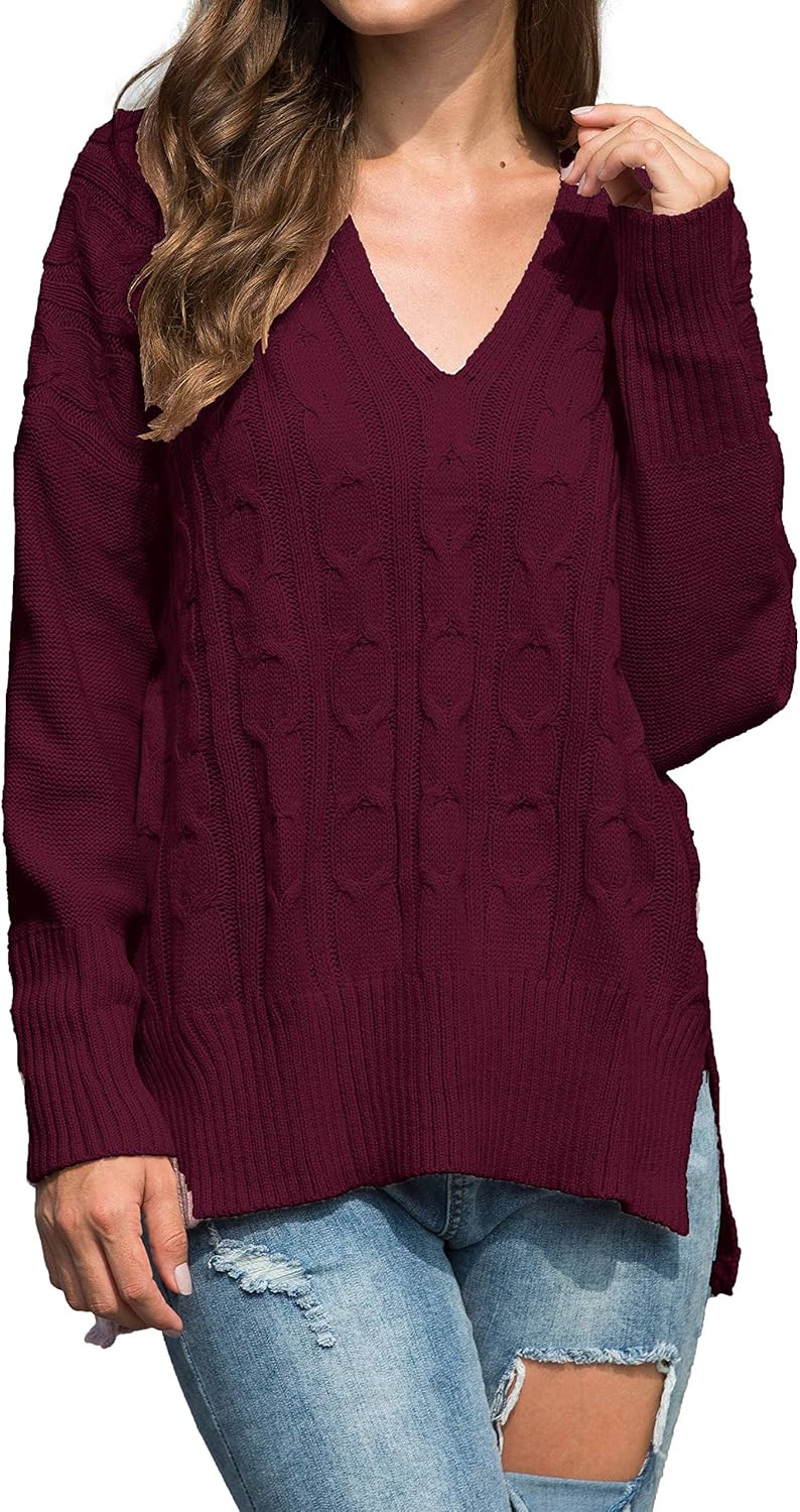 VERABENDI Petite Cable Knit V Neck Side Slit Soft Ribbed