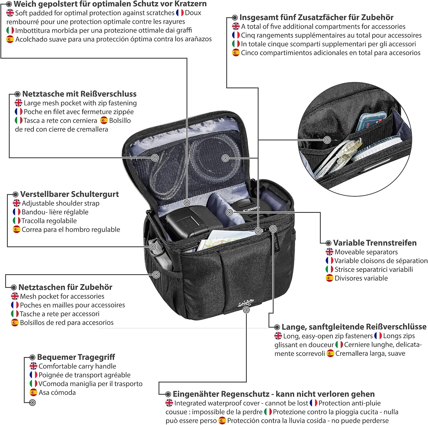 PEDEA DSLR camera bag "Guard" Camera bag for SLR cameras with waterproof rain cover carrying strap and accessory compartments - Image 5